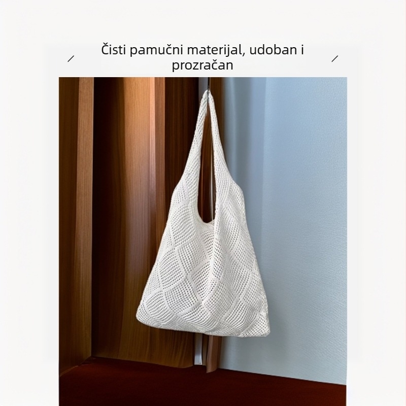 Ženska crossbody i tote torba od pamuka, jednobojna, japansko-korejski stil, vintage mrežasta pletena torba za plažu
