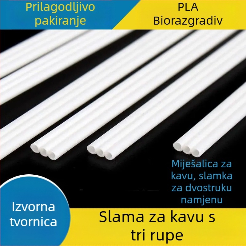 PLA za hranu, biološki razgradiva, jednokratna miješalna štapić i tanka slamčica s tri otvora za tople napitke (čaj s mlijekom, kava), mala veličina