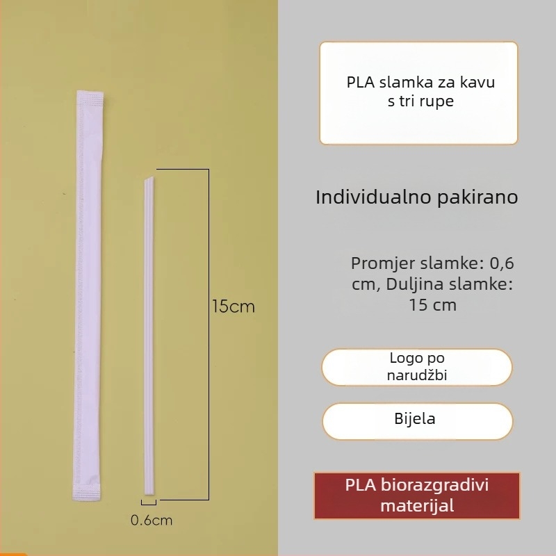 PLA biološki razgradiva slamka za čaj s tri otvora, ekološki prihvatljiva jednokratna plastična slamka, otporna na visoke temperature, oštar vrh, individualno pakirana