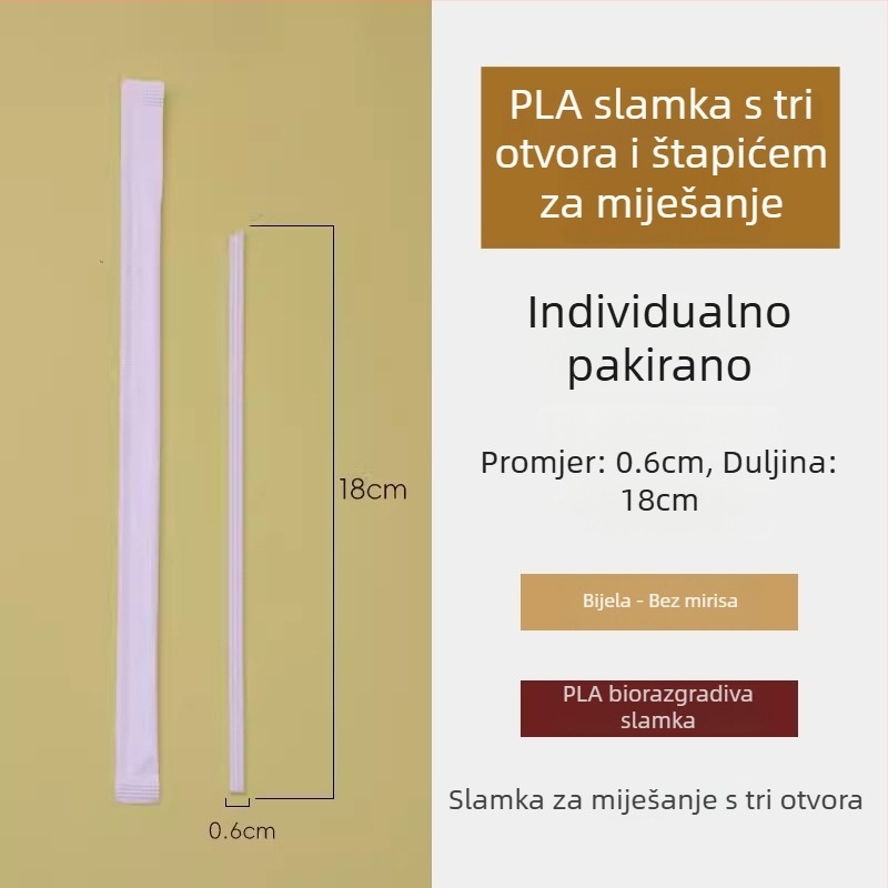 PLA biološki razgradiva slamka za čaj s tri otvora, ekološki prihvatljiva jednokratna plastična slamka, otporna na visoke temperature, oštar vrh, individualno pakirana