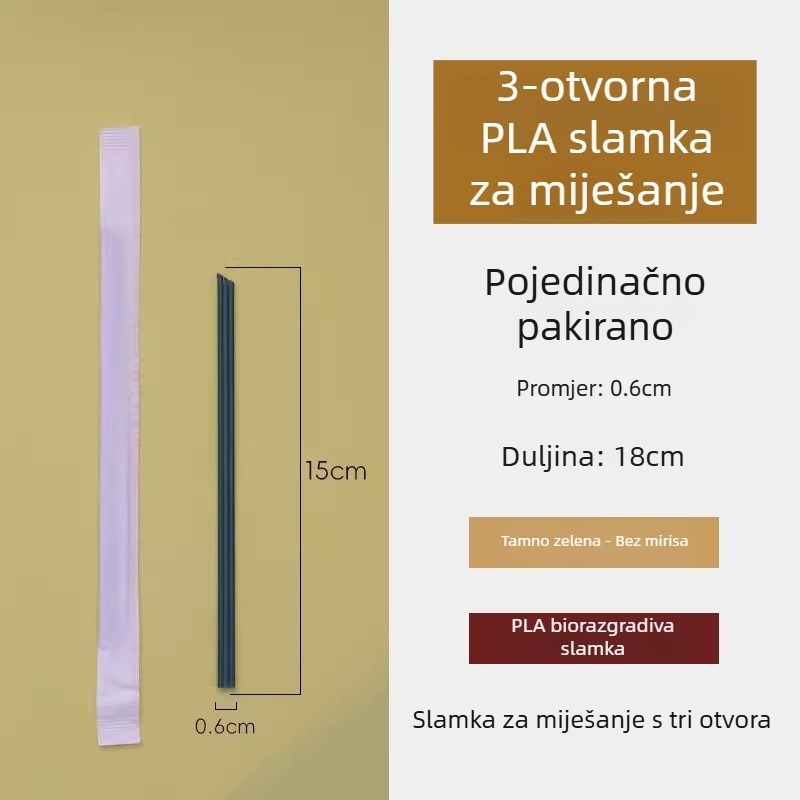 PLA biološki razgradiva slamka za čaj s tri otvora, ekološki prihvatljiva jednokratna plastična slamka, otporna na visoke temperature, oštar vrh, individualno pakirana