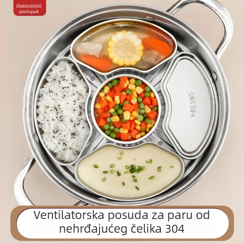 Parna kutija od 304 nehrđajućeg čelika, u obliku ventilatora, za kuhanje riže, podijeljeni pladanj za paru, zdjela za paru i mala posuda, kućni parni aparat