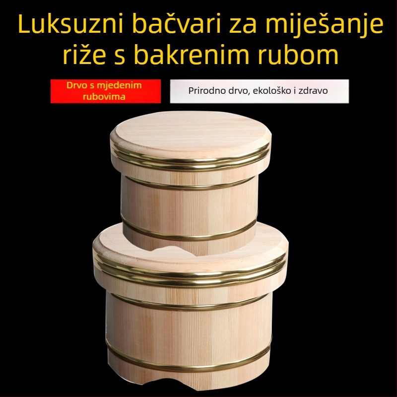 Luksuzni drveni rižin baril s poklopcem i drvenom zdjelom za posluživanje riže, velika kapaciteta