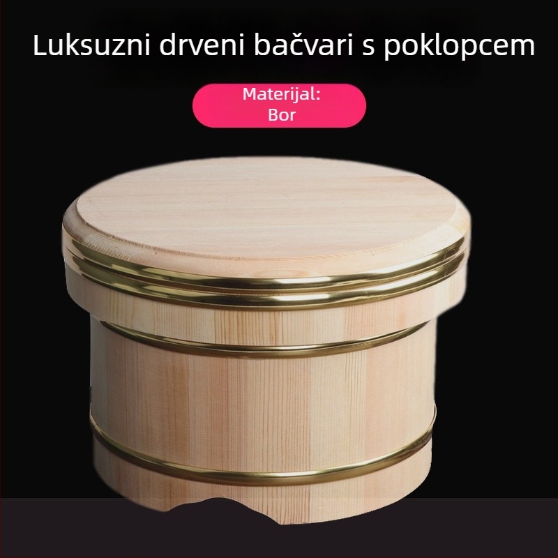 Luksuzni drveni rižin baril s poklopcem i drvenom zdjelom za posluživanje riže, velika kapaciteta