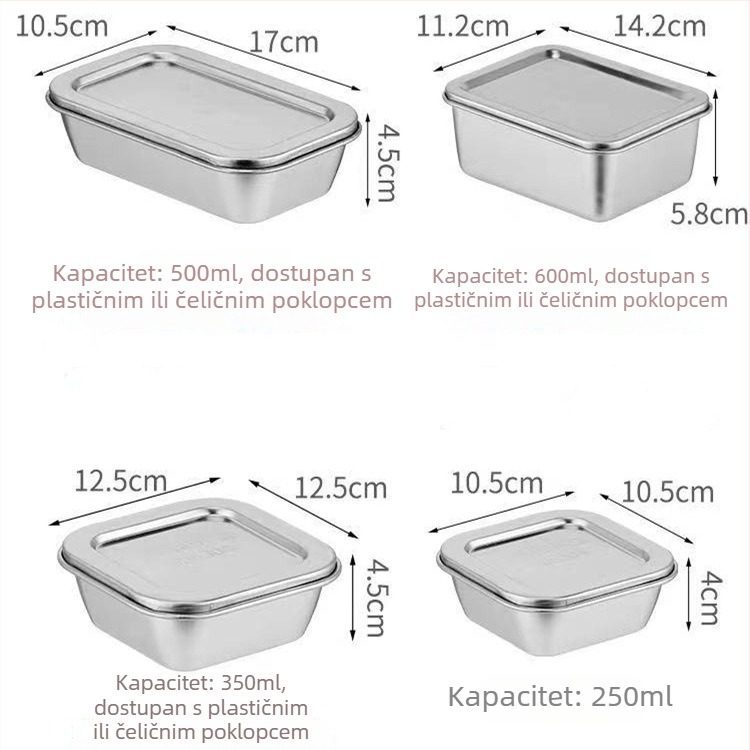 Kvadratna posuda od nehrđajućeg čelika 304 sa poklopcem, za uzorke hrane u školskoj kantini