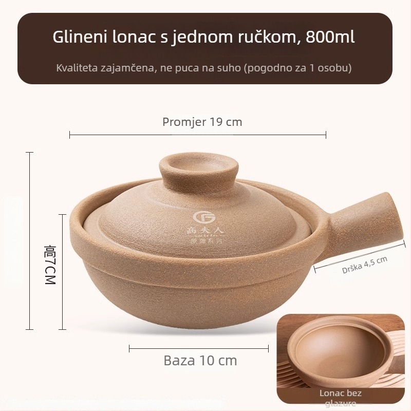 Glineni lonac za rižu s jednom ručkom, nelakiran, tradicionalna gruba keramika, za suho kuhanje, kapacitet 2.1–3 L
