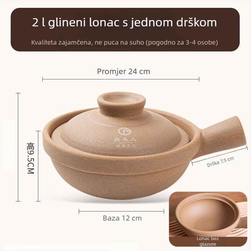 Glineni lonac za rižu s jednom ručkom, nelakiran, tradicionalna gruba keramika, za suho kuhanje, kapacitet 2.1–3 L