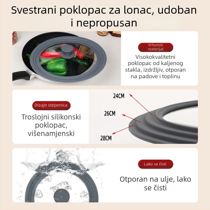 Japanski kuhinjski poklopac u stilu, univerzalni stakleni poklopac sa silikonskim rubom, otporan na visoke temperature, pogodan za tave, wok i posudu za paru