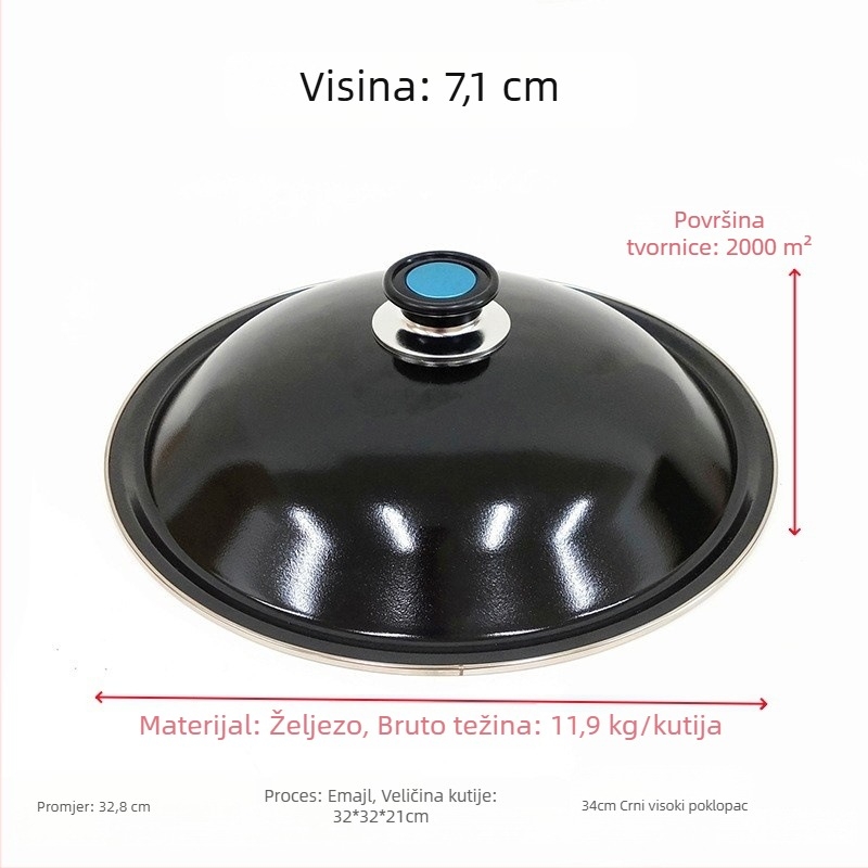 Crni emajlirani poklopac lonca, 32–34 cm, debeli, otporan na visoke temperature