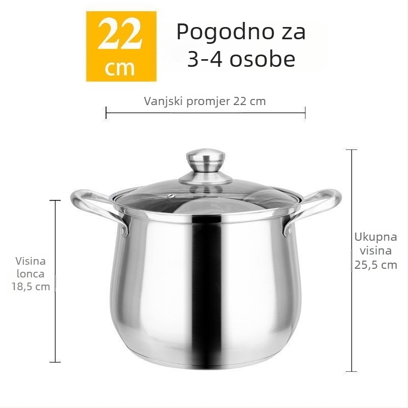 304 nehrđajući čelik, kućanski lonac za juhe i gulaš, velik kapacitet, debeli dno, stakleni poklopac, prikladan za indukcijsku ploču i plin