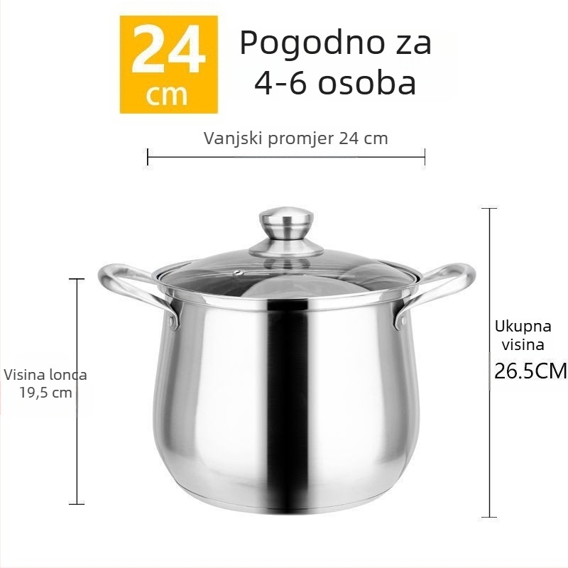 304 nehrđajući čelik, kućanski lonac za juhe i gulaš, velik kapacitet, debeli dno, stakleni poklopac, prikladan za indukcijsku ploču i plin