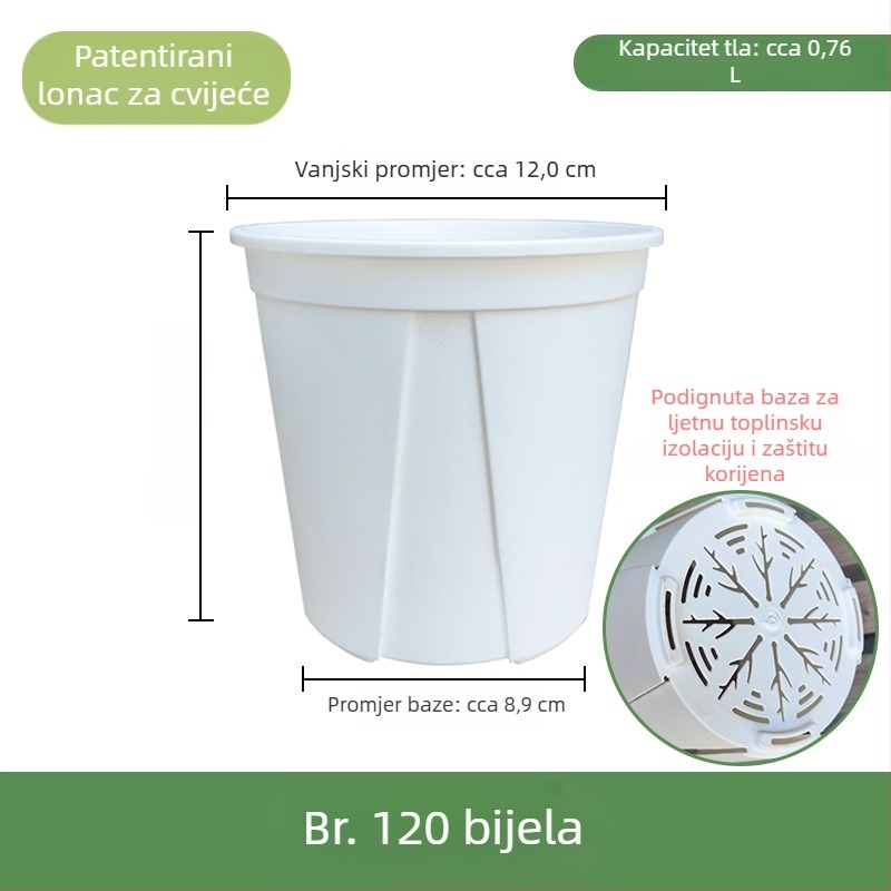 Bijela plastična saksija za kućnu upotrebu – prozračna, s kontrolom korijena i zaštitom od truljenja; pogodna za ruže i hortenzije; galonska veličina.