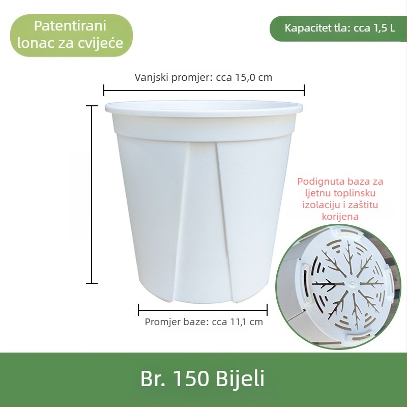 Bijela plastična saksija za kućnu upotrebu – prozračna, s kontrolom korijena i zaštitom od truljenja; pogodna za ruže i hortenzije; galonska veličina.