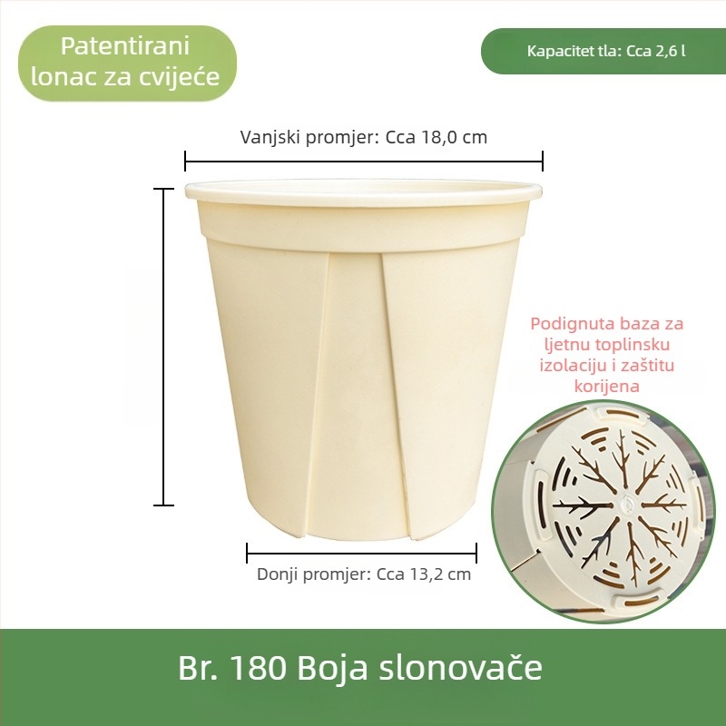 Bijela plastična saksija za kućnu upotrebu – prozračna, s kontrolom korijena i zaštitom od truljenja; pogodna za ruže i hortenzije; galonska veličina.