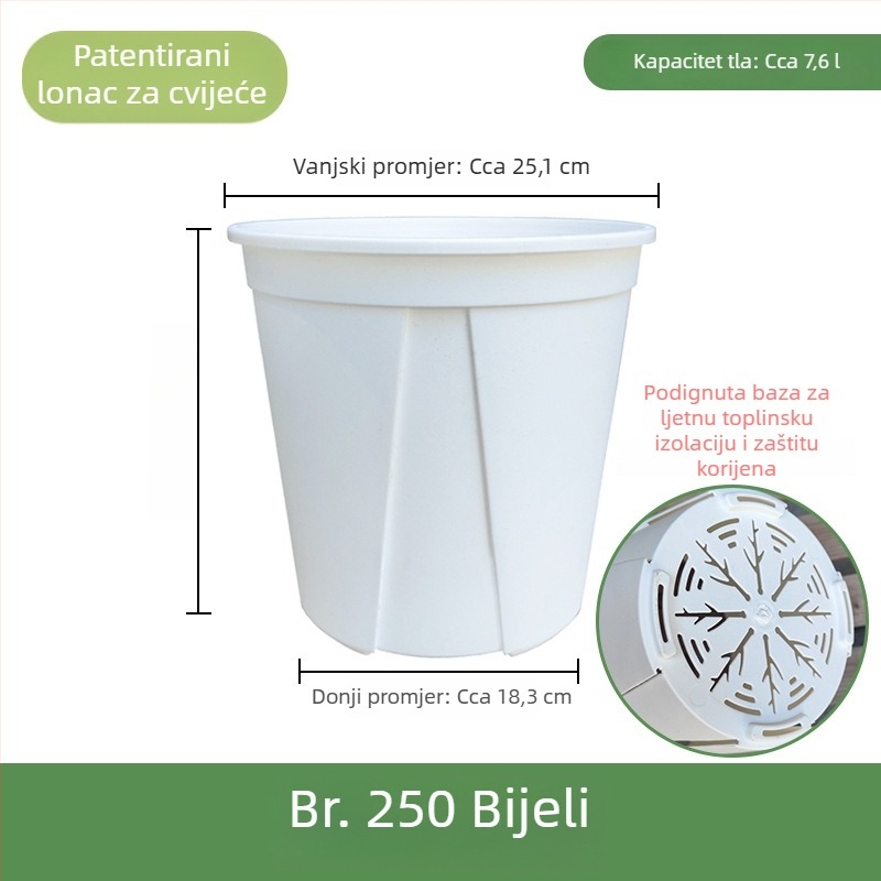 Bijela plastična saksija za kućnu upotrebu – prozračna, s kontrolom korijena i zaštitom od truljenja; pogodna za ruže i hortenzije; galonska veličina.