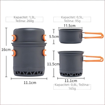 Prijenosni set lonaca za kampiranje od tvrdo anodiziranog aluminijskog legura za 1-2 osobe