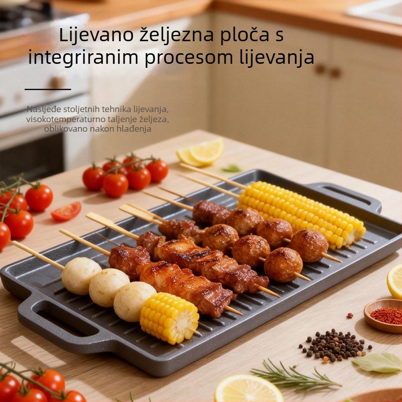 Lijevani željezni grill tiganj, dvostrani, pravokutnog oblika, s teksturiranom površinom i dvjema ručkama, za roštiljanje mesa i prženje steakova