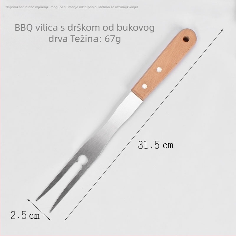 Vanjska vilica za roštilj od nehrđajućeg čelika s U‑oblikom drške od drveta, štapići za marshmallow i meso