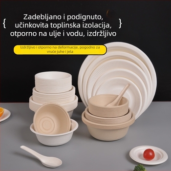 Set jednoraznih papirnih zdjela, tanjura i štapića za jelo od pulpe šećerne trstike, kružnog oblika, kapacitet 260–500 ml, debeli dizajn
