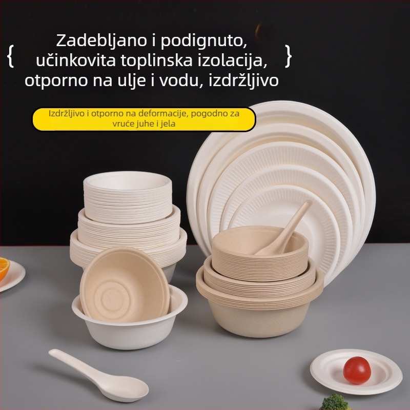 Set jednoraznih papirnih zdjela, tanjura i štapića za jelo od pulpe šećerne trstike, kružnog oblika, kapacitet 260–500 ml, debeli dizajn