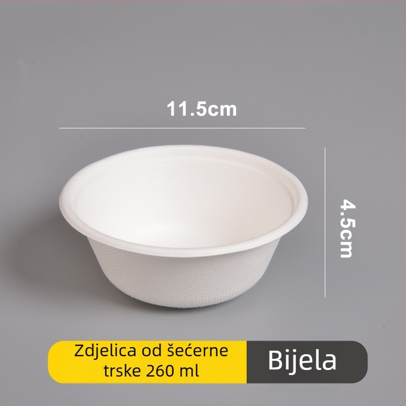 Set jednoraznih papirnih zdjela, tanjura i štapića za jelo od pulpe šećerne trstike, kružnog oblika, kapacitet 260–500 ml, debeli dizajn