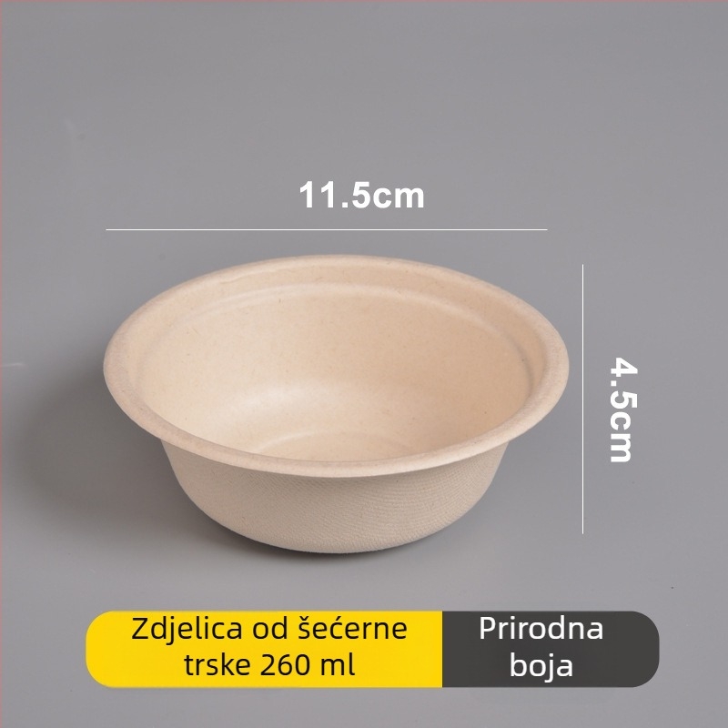 Set jednoraznih papirnih zdjela, tanjura i štapića za jelo od pulpe šećerne trstike, kružnog oblika, kapacitet 260–500 ml, debeli dizajn