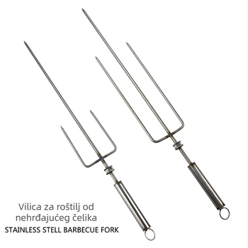 Nehrđajuća čelična vilica za roštilj s produženim ražnjem za pečenje janjetine, rebara, piletine, zeca, patke i suhomesnatog mesa