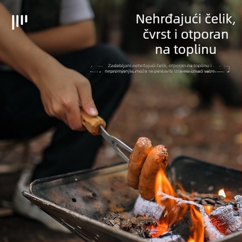 Vanjska vilica za roštilj s drškom od bukovine, nehrđajući čelik, U-oblik za kampiranje