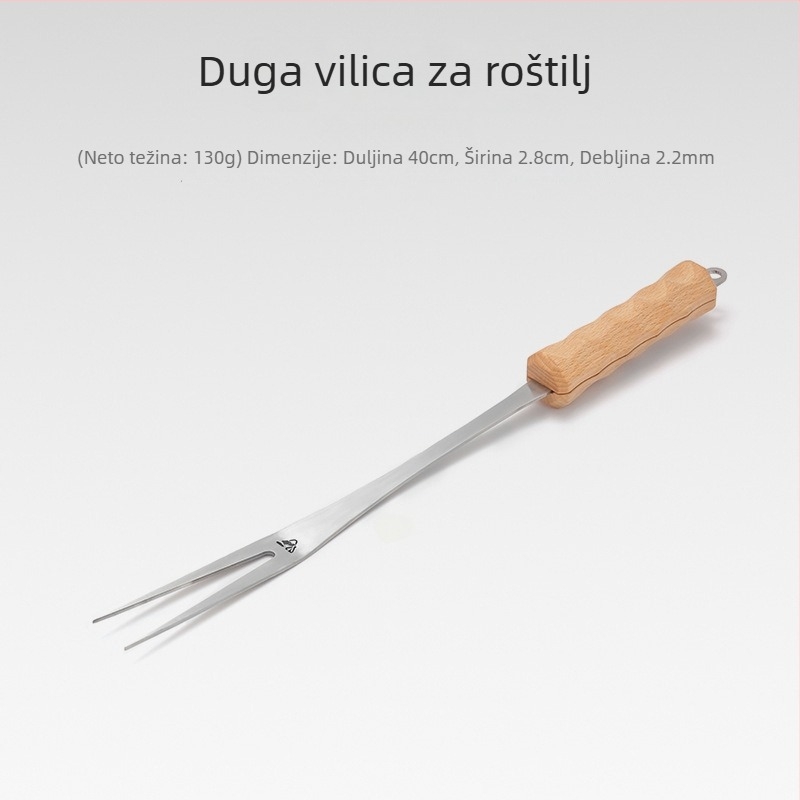 Vanjska vilica za roštilj s drškom od bukovine, nehrđajući čelik, U-oblik za kampiranje