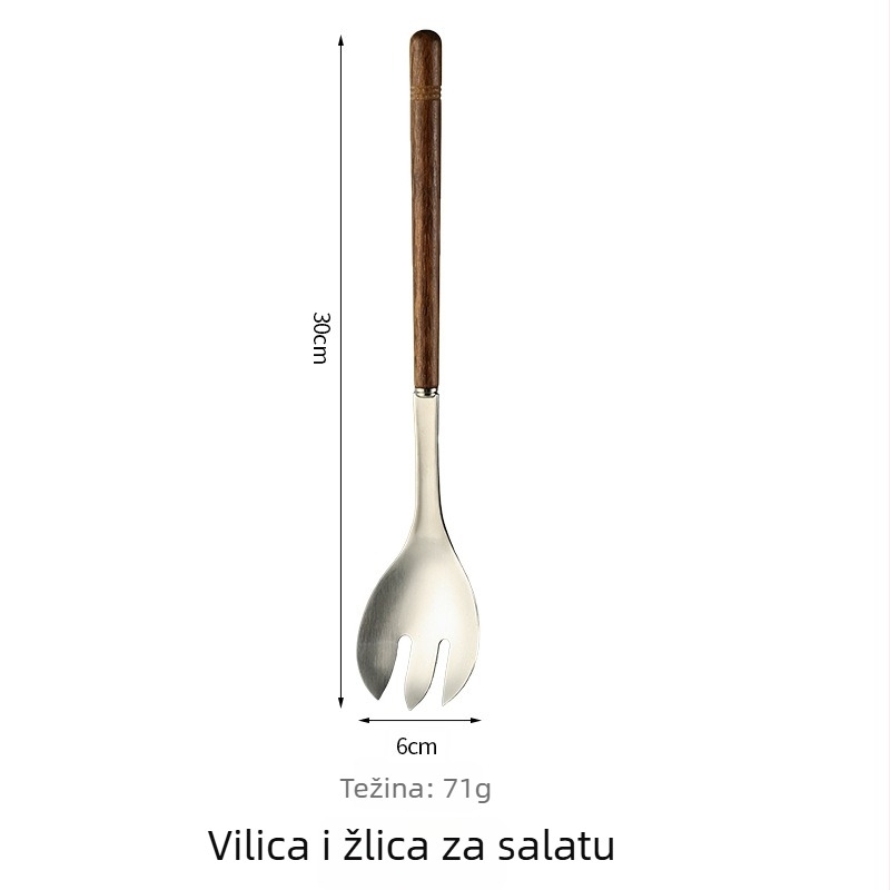 Set salatnih žlica od nehrđajućeg čelika 304, kreativan vintage stil, drvena miješajuća žlica s dugim držkom i vilica-žlica za ribu