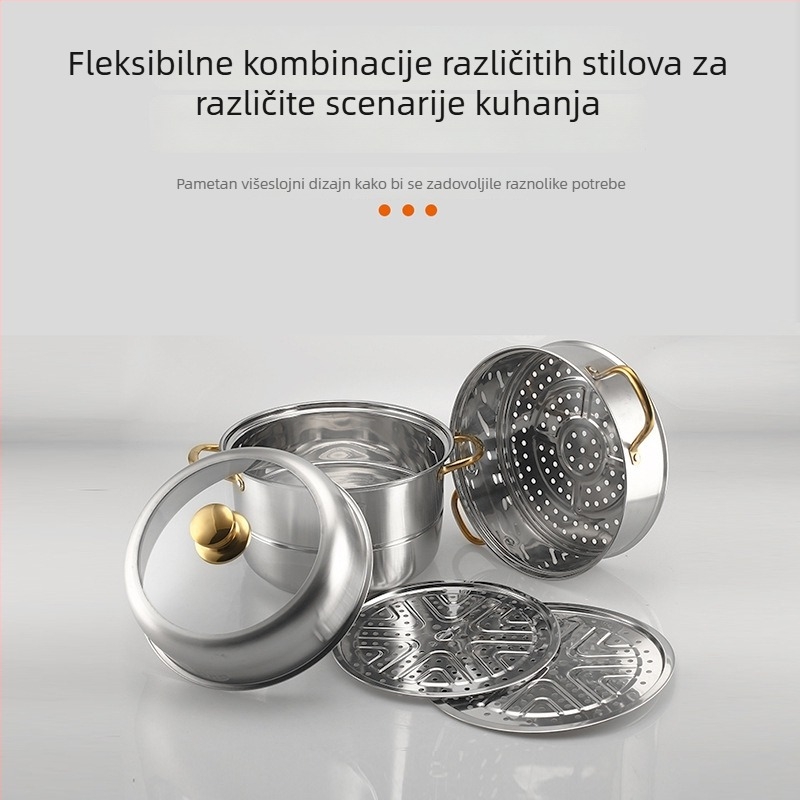 Parni lonac od nehrđajućeg čelika sa zlatnom ručkom, trostruki sloj, velika kapaciteta za parenje peciva i ribe