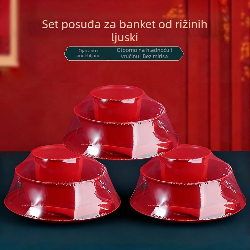 Jednokratni set posuđa za svadbeni banket: crvene zdjele za rižu i zdjele za slatku juhu, plastični, debljina 2 mm