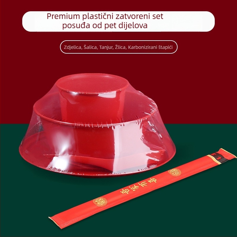 Jednokratni set posuđa za svadbeni banket: crvene zdjele za rižu i zdjele za slatku juhu, plastični, debljina 2 mm