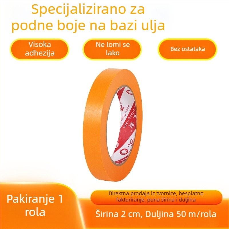 Narančasta maskirajuća traka od washi papira visoke adhezije, za označavanje epoksidnih podova i lijepljenje fasadnih ploča, 50 m rolna