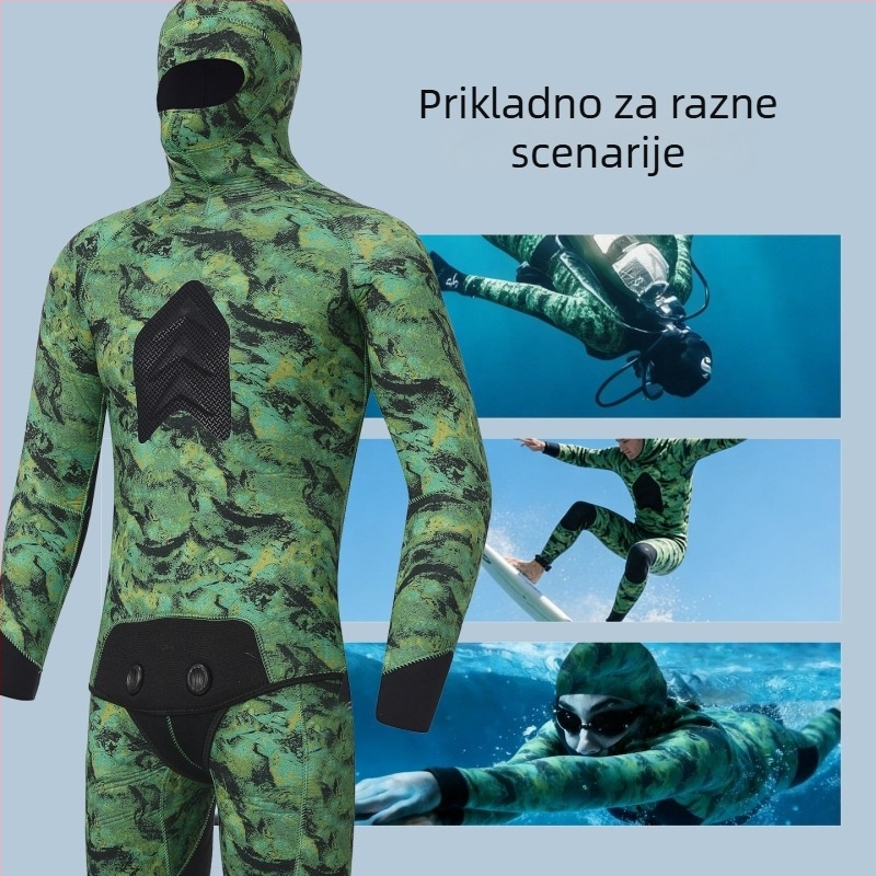 Potapljački neopren s kapuljom, maskirnim uzorkom, dvodijelni