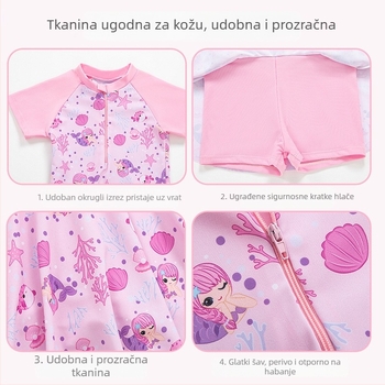 Jednodijelni kupaći za djevojčice 4–12 godina, korejskog stila, udoban, s kratkim rukavima i zatvaračem na zip