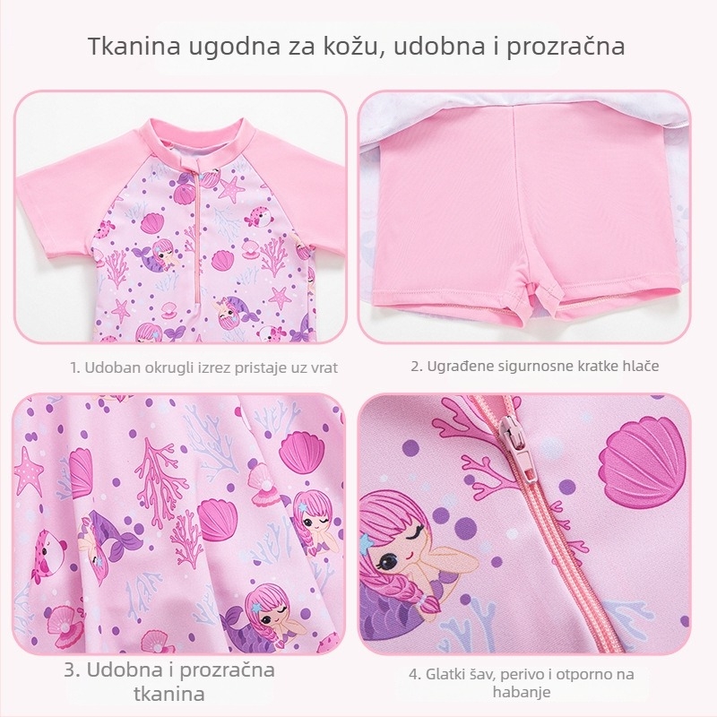 Jednodijelni kupaći za djevojčice 4–12 godina, korejskog stila, udoban, s kratkim rukavima i zatvaračem na zip