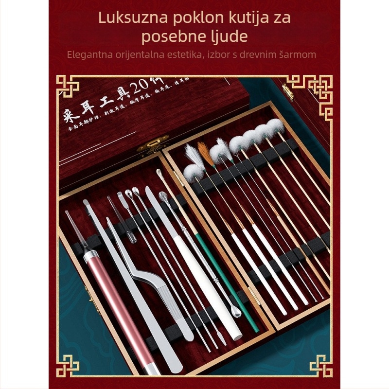 20-komadni profesionalni set alata za čišćenje uha u drvenoj kutiji, s punjivom ručnom lampom, bambusove ušne žličice, grafitno siva
