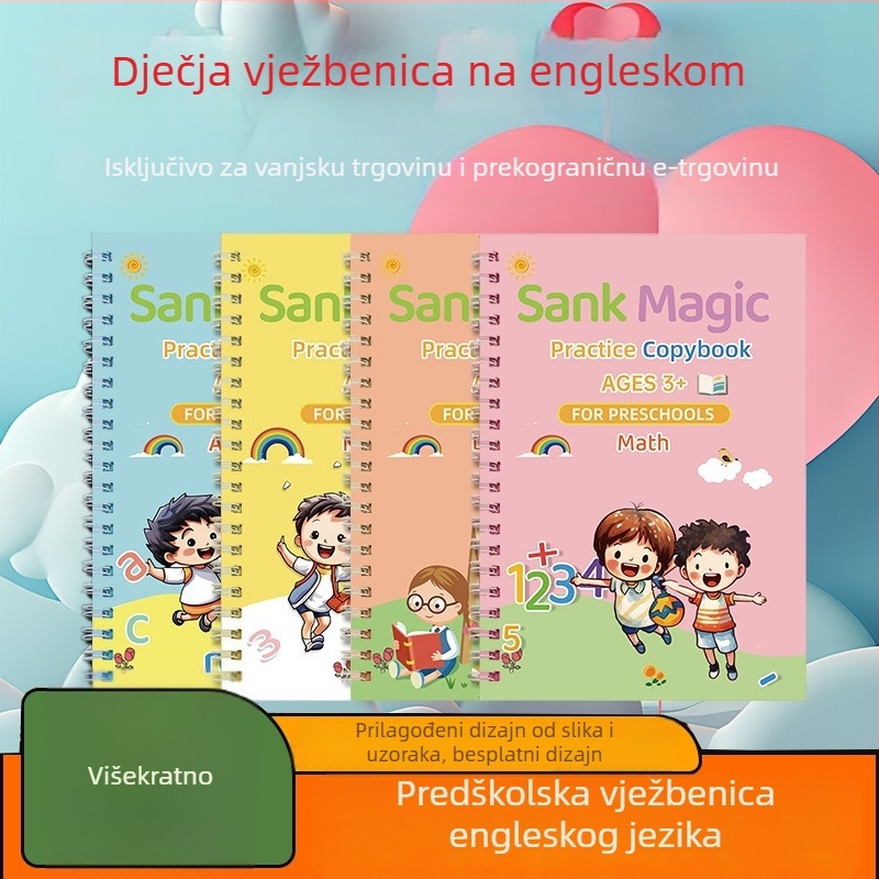 Dječja bilježnica za vježbanje pisanja: crtanje i ocrtavanje, urezana slova za predškolsku pripremu, zabavno učenje engleskog