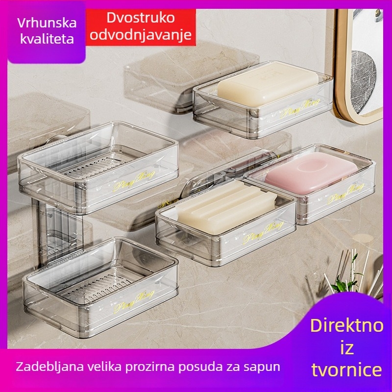 Kutija za sapun s dvostrukim slojem za kupaonicu, zidna, bez bušenja, odvodni držač sapuna, PP