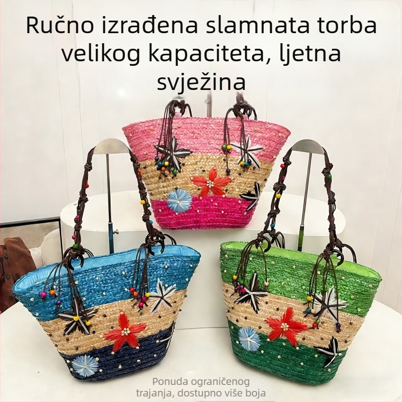 Boemska slamnata torba s šarenim blok motívom hviezdice i šivanjem perlama, ženska torba za plažu, preko ramena i tote