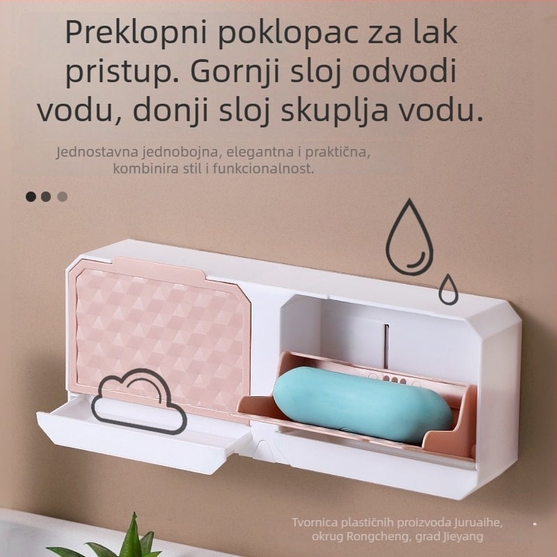 Zidna dvostruka kutija za sapun s poklopcem, bez bušenja, s odvodom, za kupaonu i praonicu