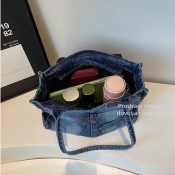 Denim torba u vintage stilu s nišnim dizajnom, retro torba s džepovima, mala kvadratna torba za žene, umjetnička torba preko ramena