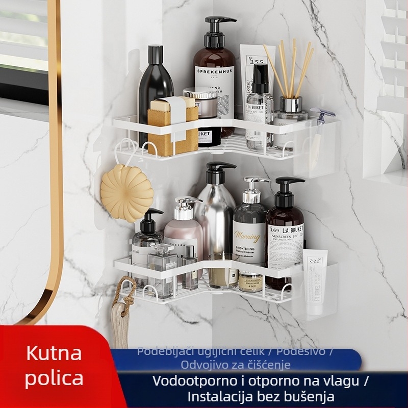 Zidni kutni policu za kupaonicu, željezna, dvije razine, bez bušenja, za umivaonik i tuš