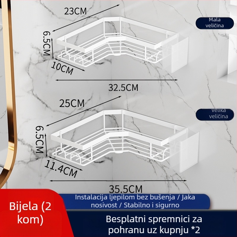 Zidni kutni policu za kupaonicu, željezna, dvije razine, bez bušenja, za umivaonik i tuš