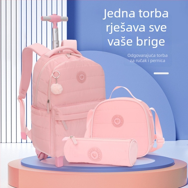 Modni dječji ruksak za osnovnu školu, jedne boje s pomponom, ruksak s kotačićima, trodjelni set, pernica, otporan na mrlje