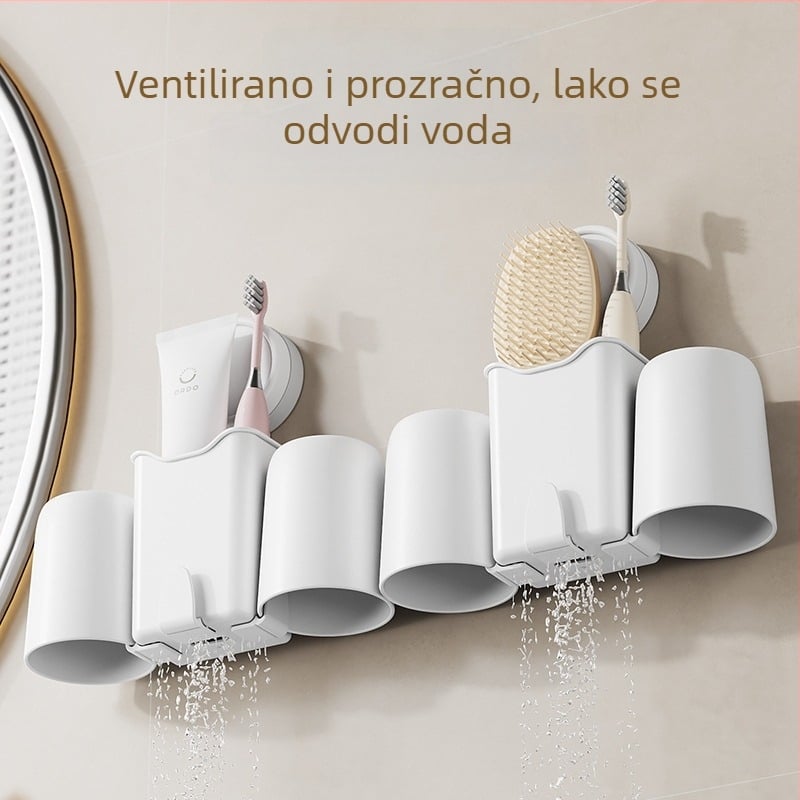 Zidni držač četkica za zube bez bušenja, s čašom za ispiranje usta – set za kupaonicu