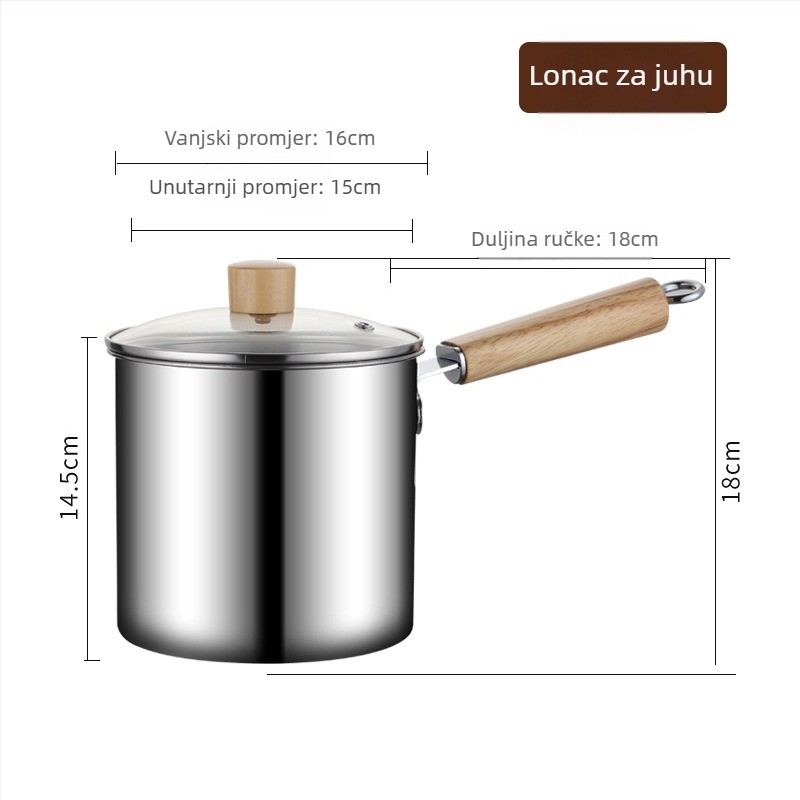 Tava od nehrđajućeg čelika za bebinu hranu i mlijeko s staklenim poklopcem — višefunkcijska tava za prženje, mlijeko, juhu, pomfrite i užinu