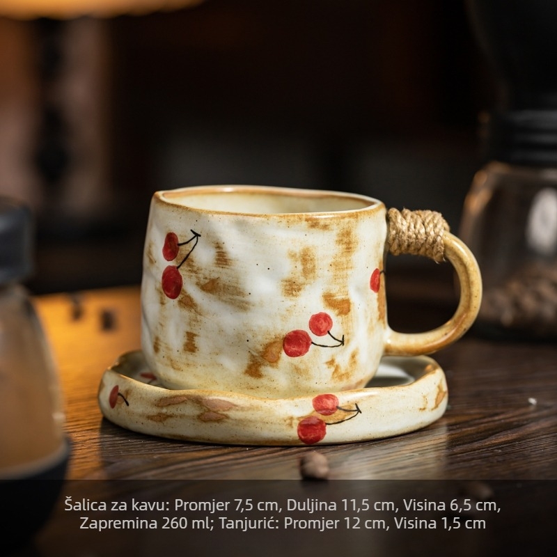Keramička šalica za kavu s podloškom s motivom trešnje, retro stil