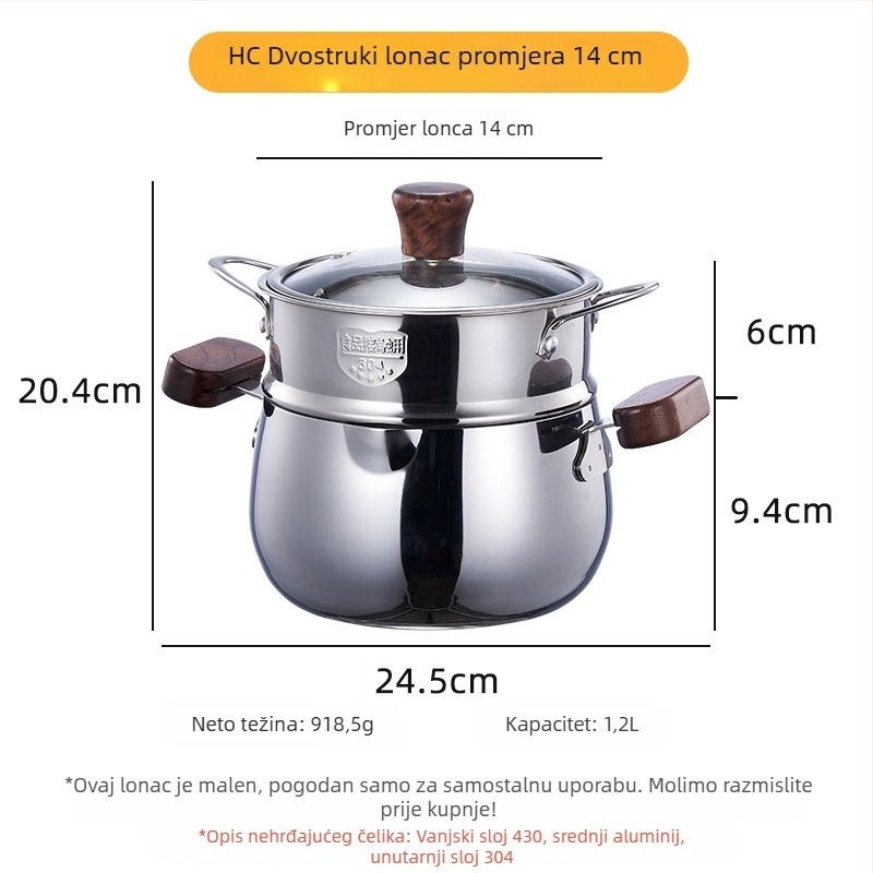Lonac za juhu od nehrđajućeg čelika 304 s drvenom ručkom, dvostruke uši, dvostruki sloj parnog lonca, kućna upotreba, mali lonac za prehranu beba